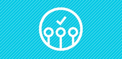 Icon of three stethoscopes with a check mark above them in white on a cyan background.
