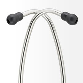 Shiny aluminum eartubes of a 3M Littmann Stethoscope symmetrically crossing each other, with black eartips on the ends.