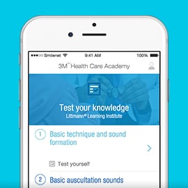 Smart phone screen showing the self-test section of the Littmann Learning Institute app.